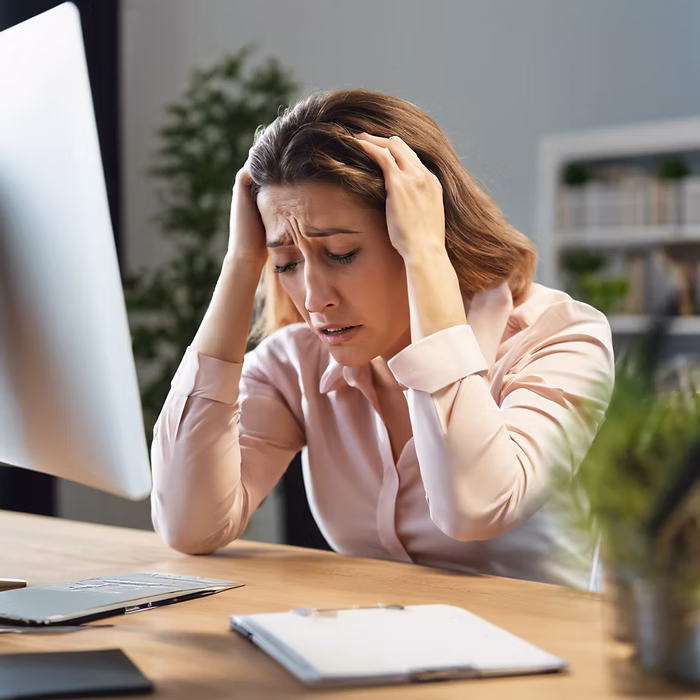 A woman at a desk in an office with her head in her hands