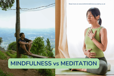 An image highlighting the difference between mindfulness vs meditation, with one person being present in the moment as opposed to a lady meditating 