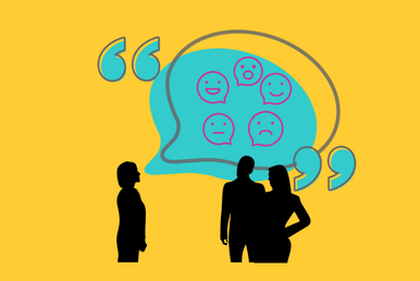 Silhouettes of people stand below a speech bubble containing various emoji faces, symbolising a discussion or feedback.