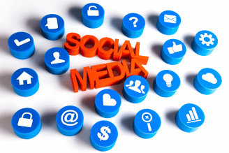 Blue 3D social media icon buttons surround the red text “SOCIAL MEDIA,” with symbols like a lock, question mark, envelope, user, phone, and thumbs-up scattered across a white background.