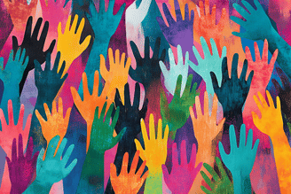 Colorful overlapping handprints in bright teal, yellow, orange, pink, and green fill the frame on a vibrant background, creating a lively pattern.