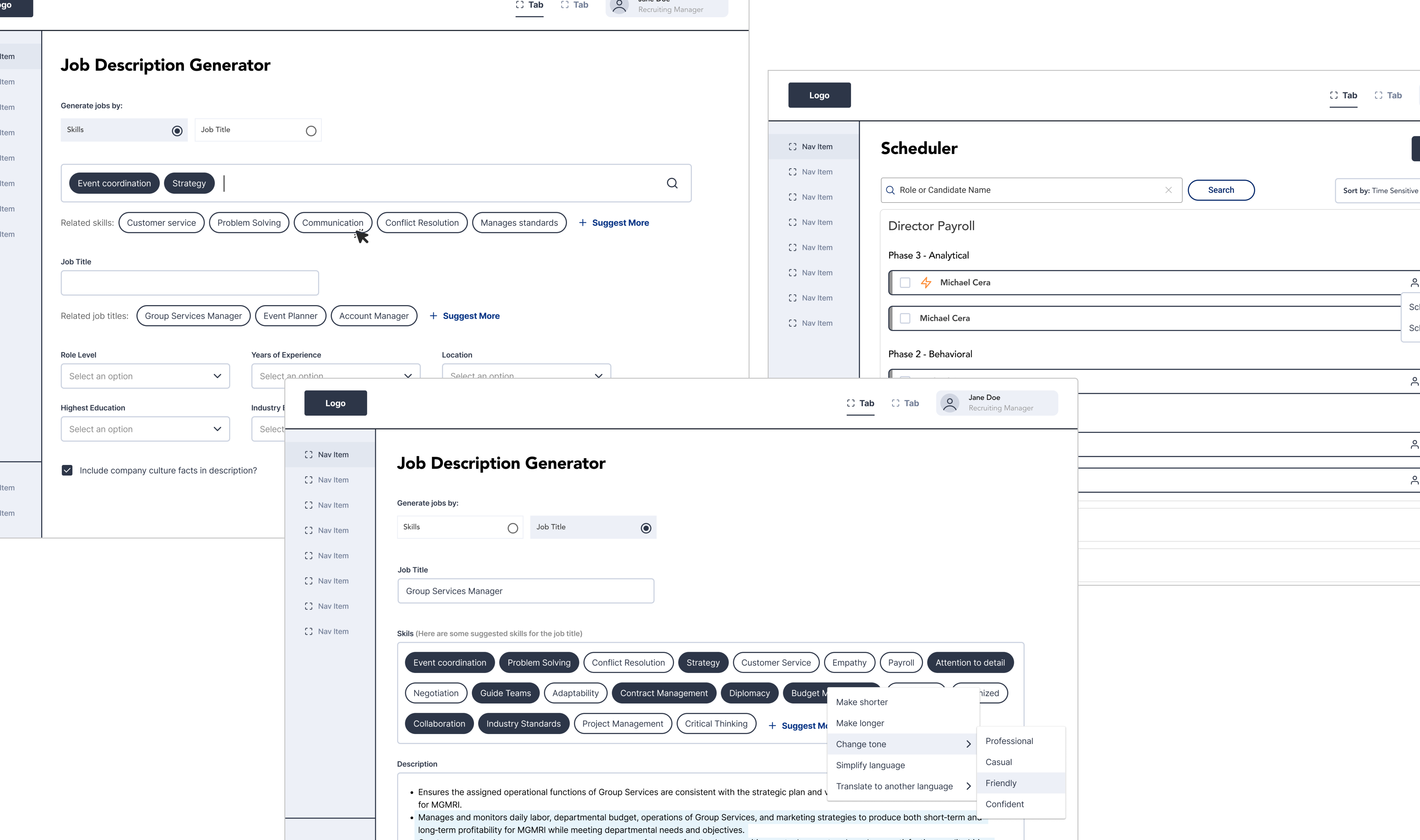 SmartRecruit wireframes: job description generator and scheduler