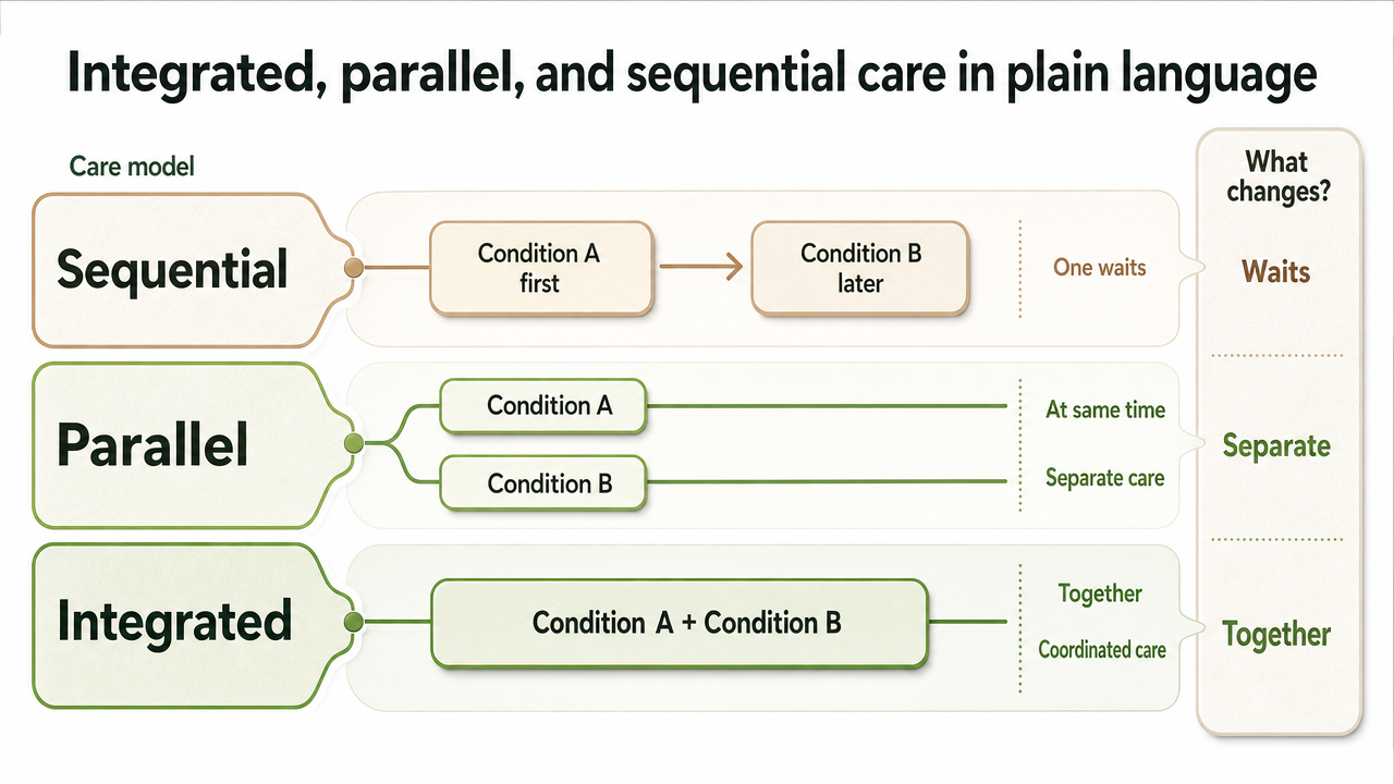 Compare the three care models named in this section (sequential, parallel, integrated) so readers can visually distinguish them, directly supporting the section's core teaching point
