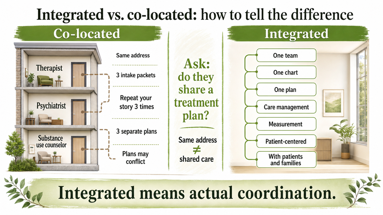 Visualize the side-by-side comparison the section makes between integrated care and co-located care, reinforcing the distinction readers should test for on calls