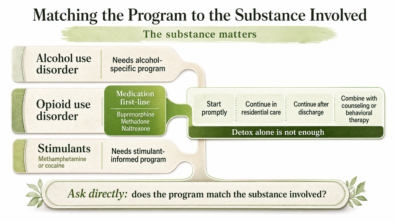 Comparison infographic mapping each substance category to its evidence-based treatment approach, directly supporting the section's guidance to match program to substance