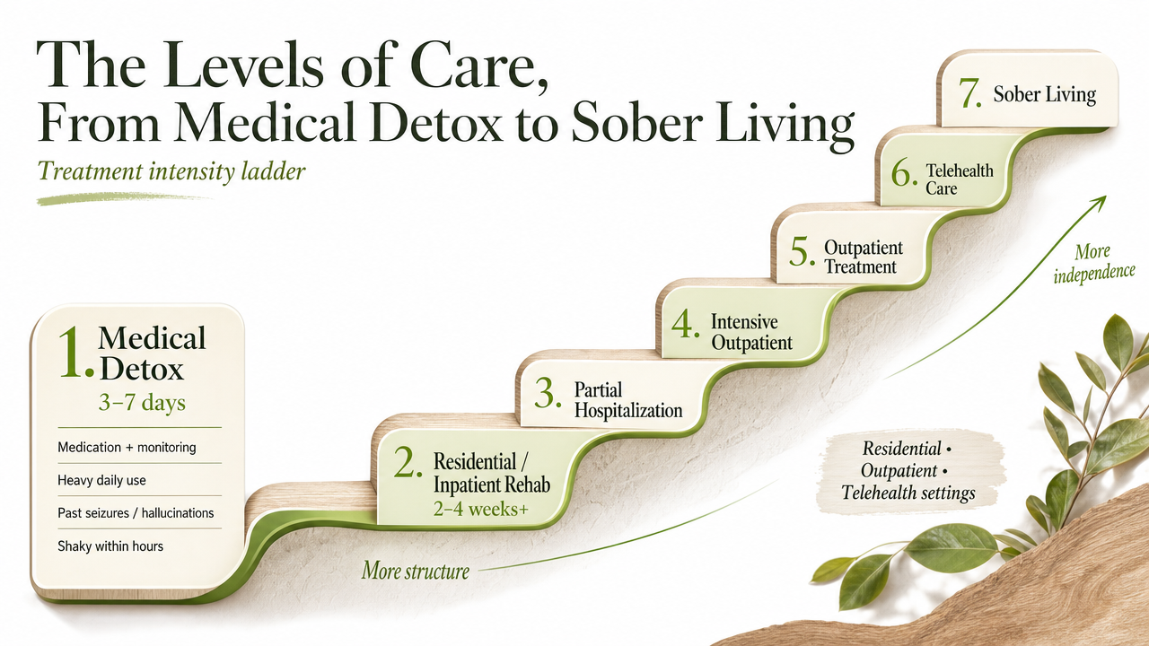Visualize the treatment intensity ladder described in this section so readers can see how the seven levels of care relate to one another and where they might start
