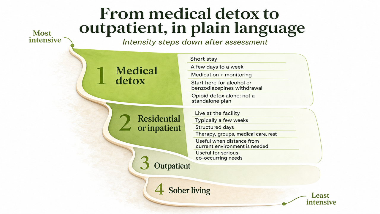 Clarify the continuum of care levels described in the section so readers can see how intensity steps down from detox to sober living