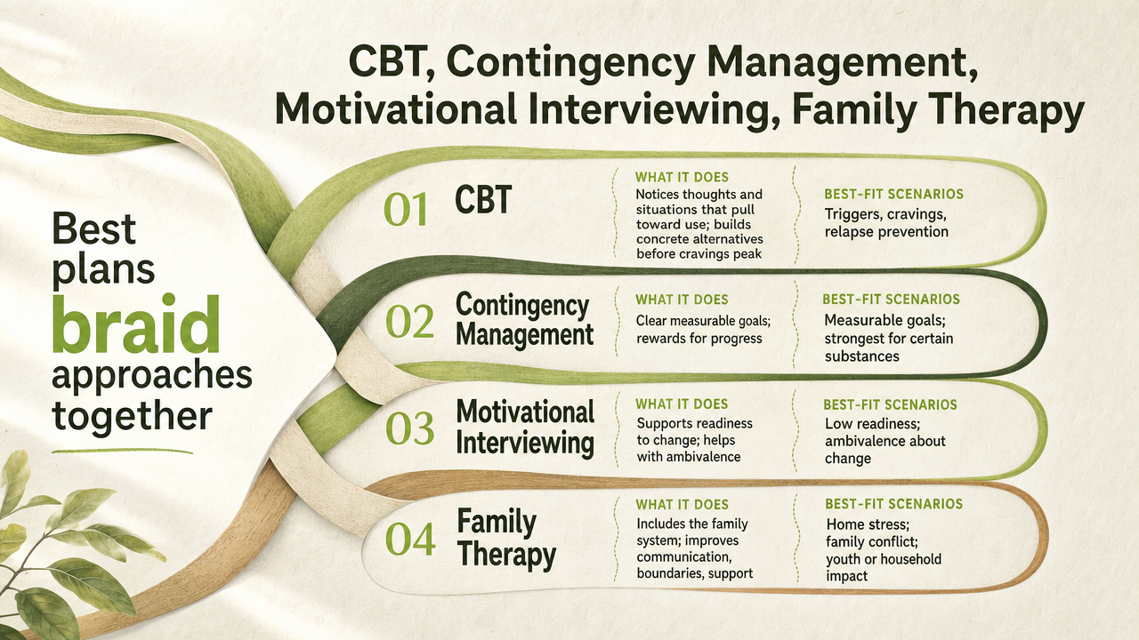 Comparison framework pairing the four core behavioral therapies named by NIDA with what each one does and the substance scenarios where it is most strongly indicated