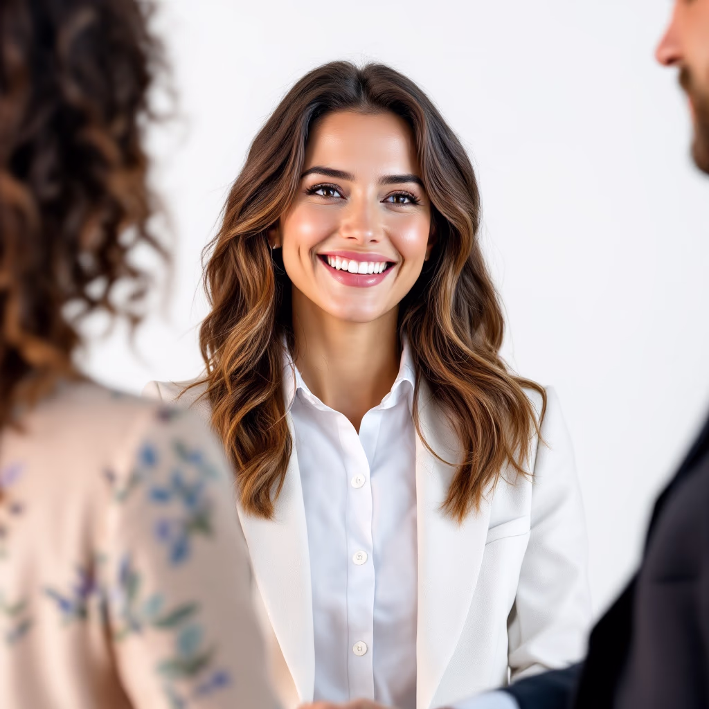 [headshot] image of satisfied customer shaking hands with company representative (for a fintech company)