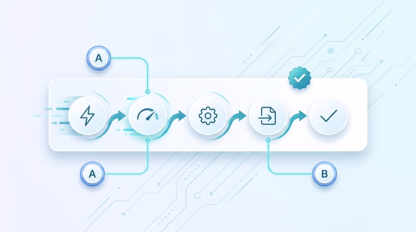 Implementation hero illustration showing a smooth, collaborative setup flow: a frosted-glass card with connected step icons and an approval checkmark, linked to two team avatars over a softly blurred interface background.