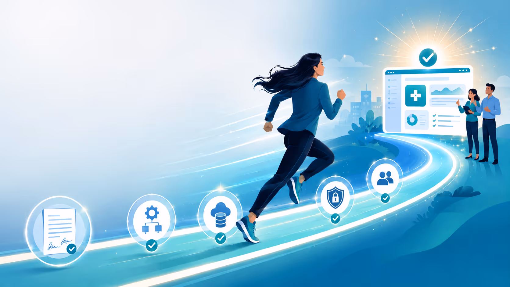 A runner moves quickly along a glowing implementation path from contract signing through setup, integration, security, and collaboration milestones toward a completed healthcare software launch.