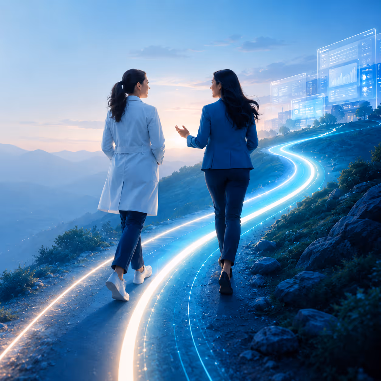 Two professionals walk side by side on a glowing path through a mountainous landscape toward a digital healthcare dashboard, symbolizing ongoing post-implementation support, partnership, and continuous progress.