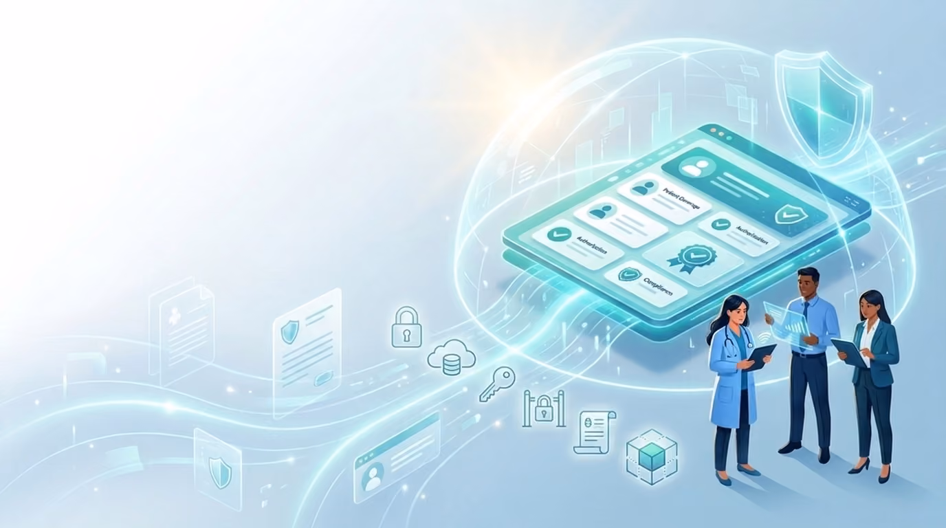 Illustration of a secure healthcare technology platform protected by a glowing digital shield, with healthcare professionals reviewing patient workflow data, security icons, and encrypted data paths on a dark blue background.