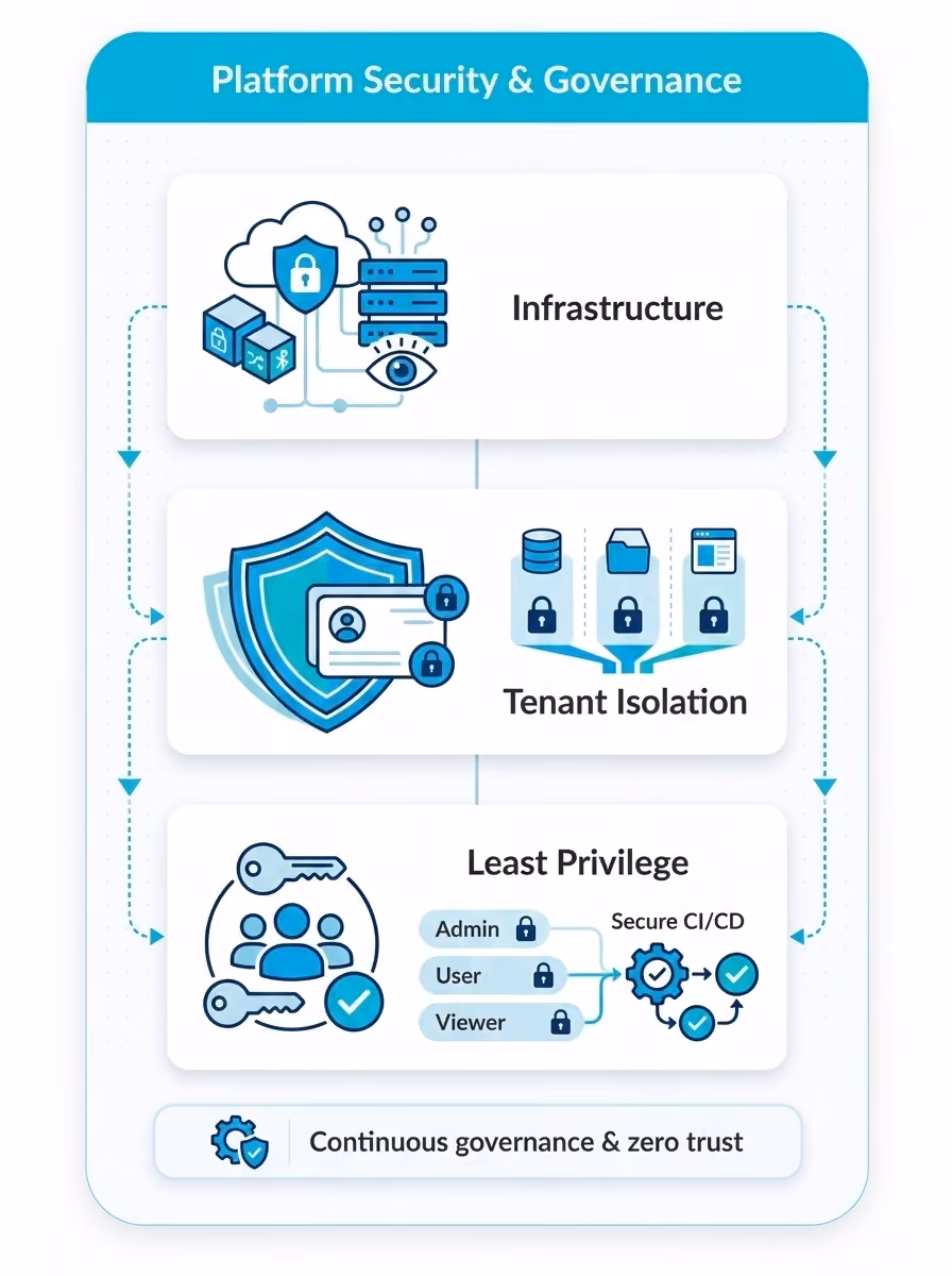 Infographic showing three platform security pillars for Manta: infrastructure, tenant isolation, and least privilege, with cloud, shield, data protection, access control, and secure deployment icons connected by continuous governance arrows.