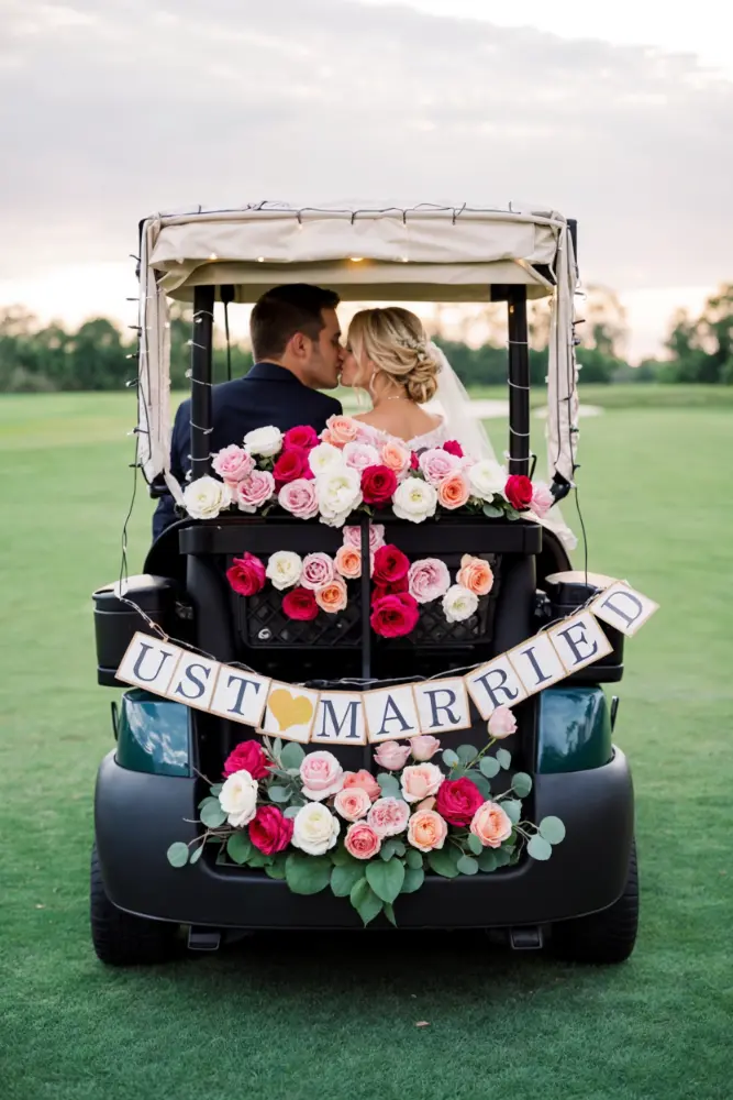 A couple sits in a decorated golf cart with a "Just Married" sign and colorful flowers on the back, on a grassy field.