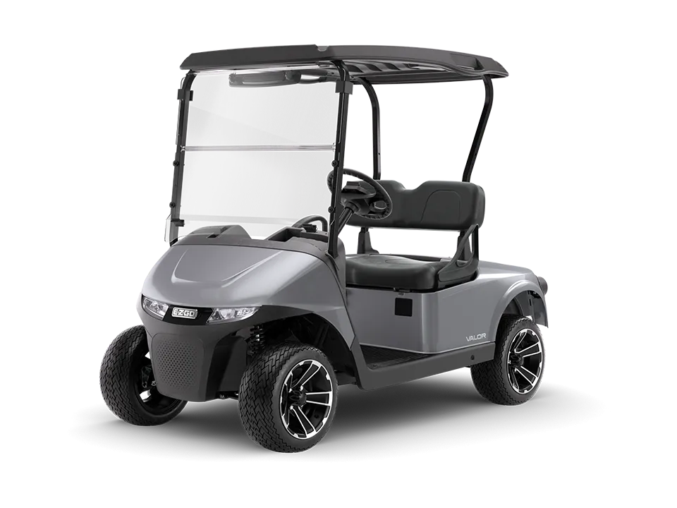 A gray, modern two-seater golf cart with a black roof, clear windshield, and alloy wheels, viewed from a front angle against a white background.