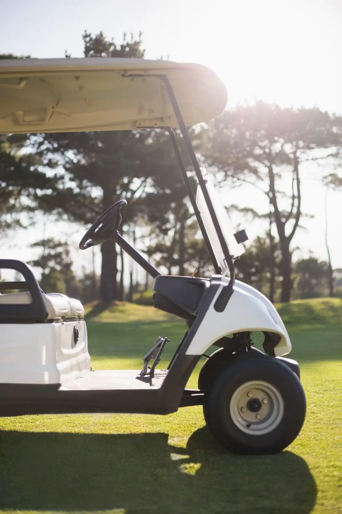 A golf cart on a golf course.