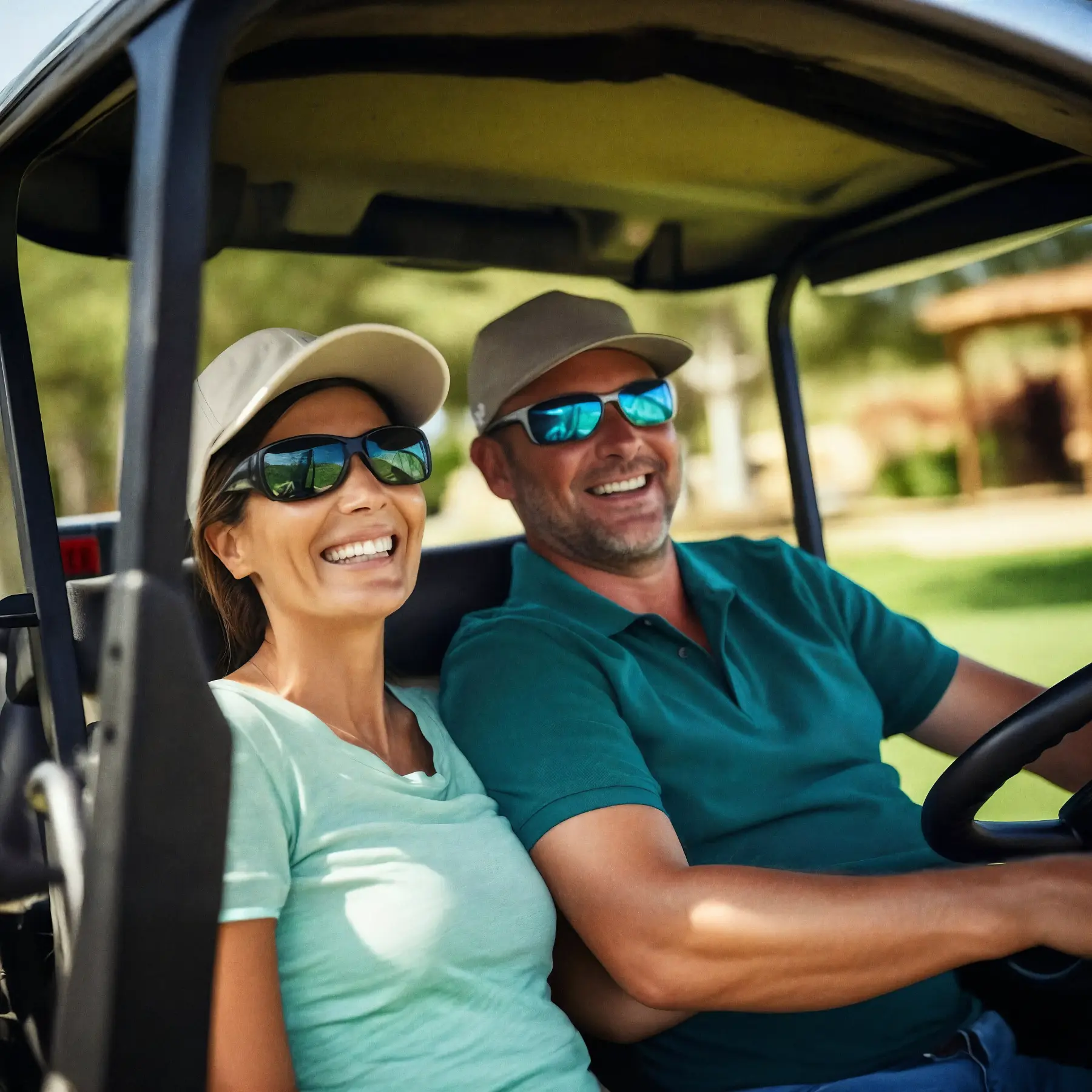 Two people wearing sunglasses and caps sit smiling in a golf cart on a sunny day, with green grass and trees visible in the background.