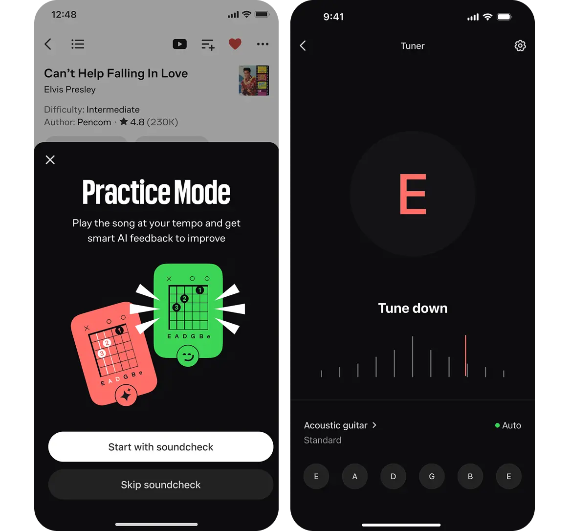 Two smartphone screens of a guitar practice app. .