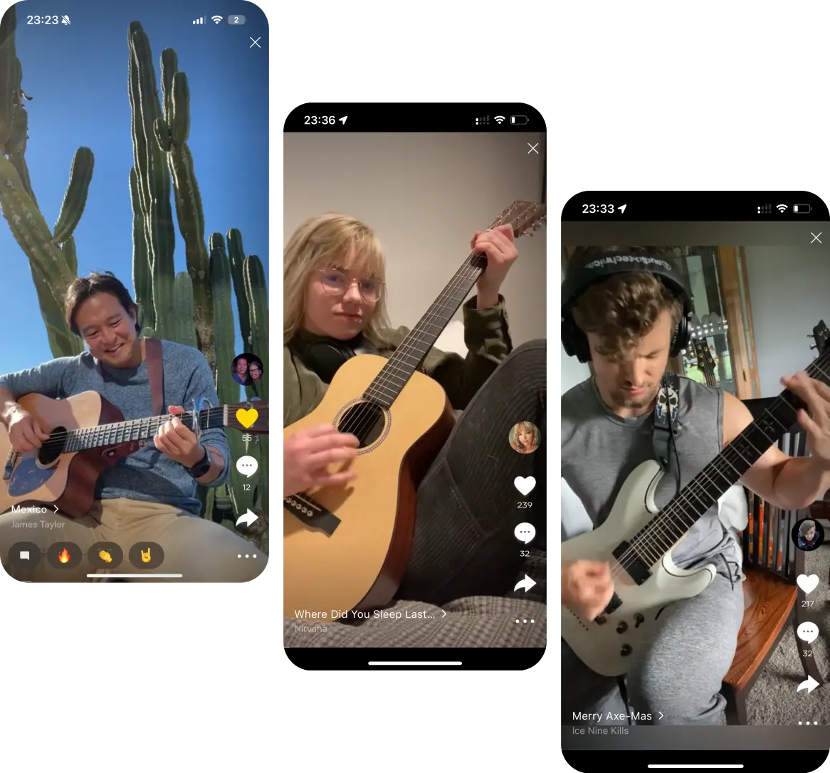 Three vertical smartphone video clips of people playing guitar.