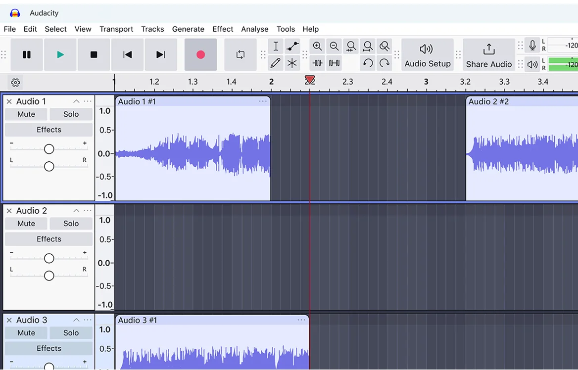 Audacity audio editing software interface showing three audio tracks with waveforms, transport controls, and menu bar.