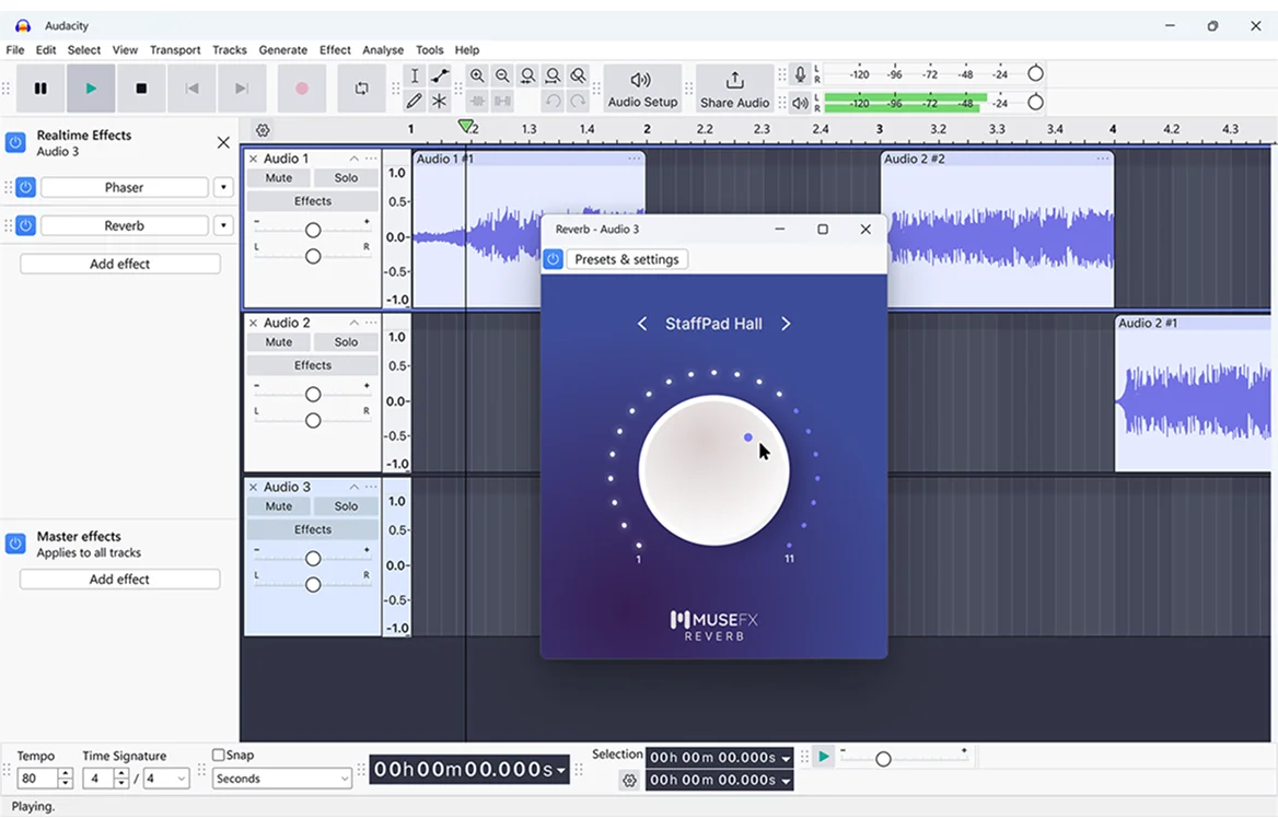 Audacity audio editing software interface showing three audio tracks with Reverb effect control panel open from MuseFX plugin.