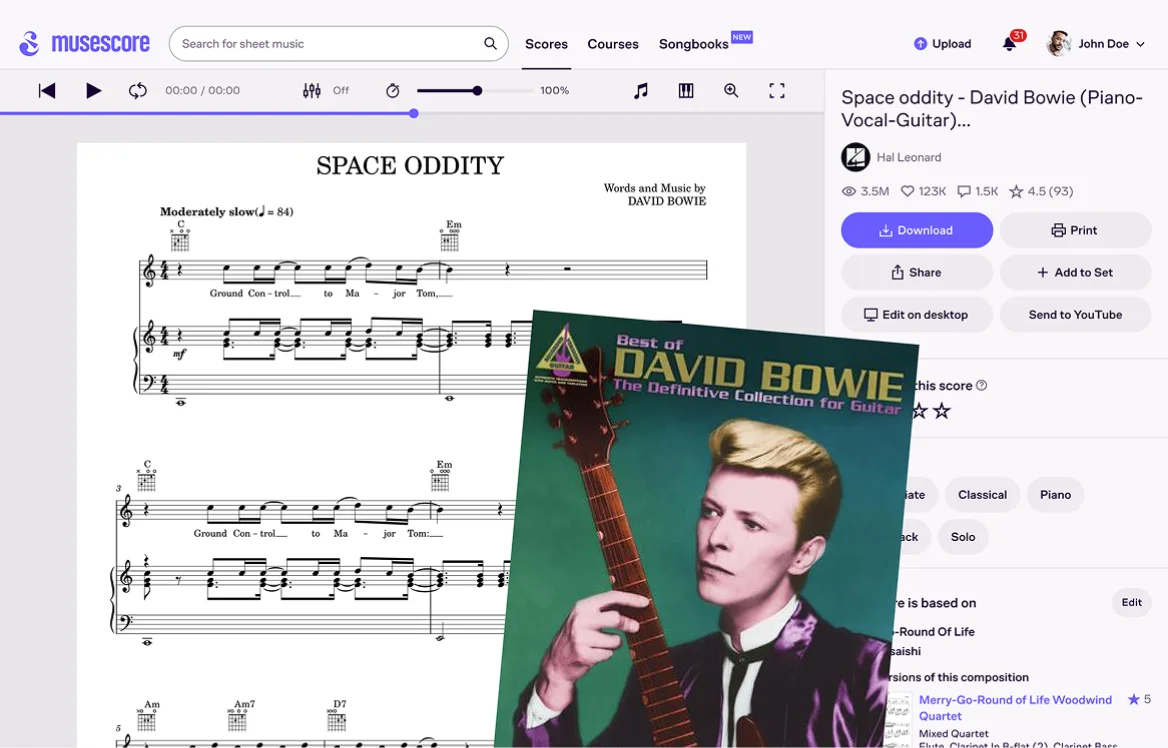 Screenshot of MuseScore webpage displaying the sheet music for 'Space Oddity' by David Bowie with options to download, print, and share, overlaid by an album cover featuring David Bowie holding a guitar.
