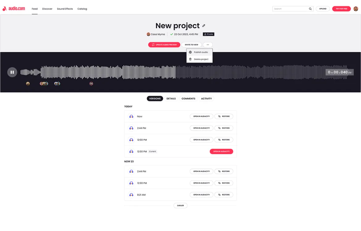 Audio.com web page displaying a 'New project' audio waveform with playback controls, project details, and version history with timestamps and options to open in Audacity or restore.