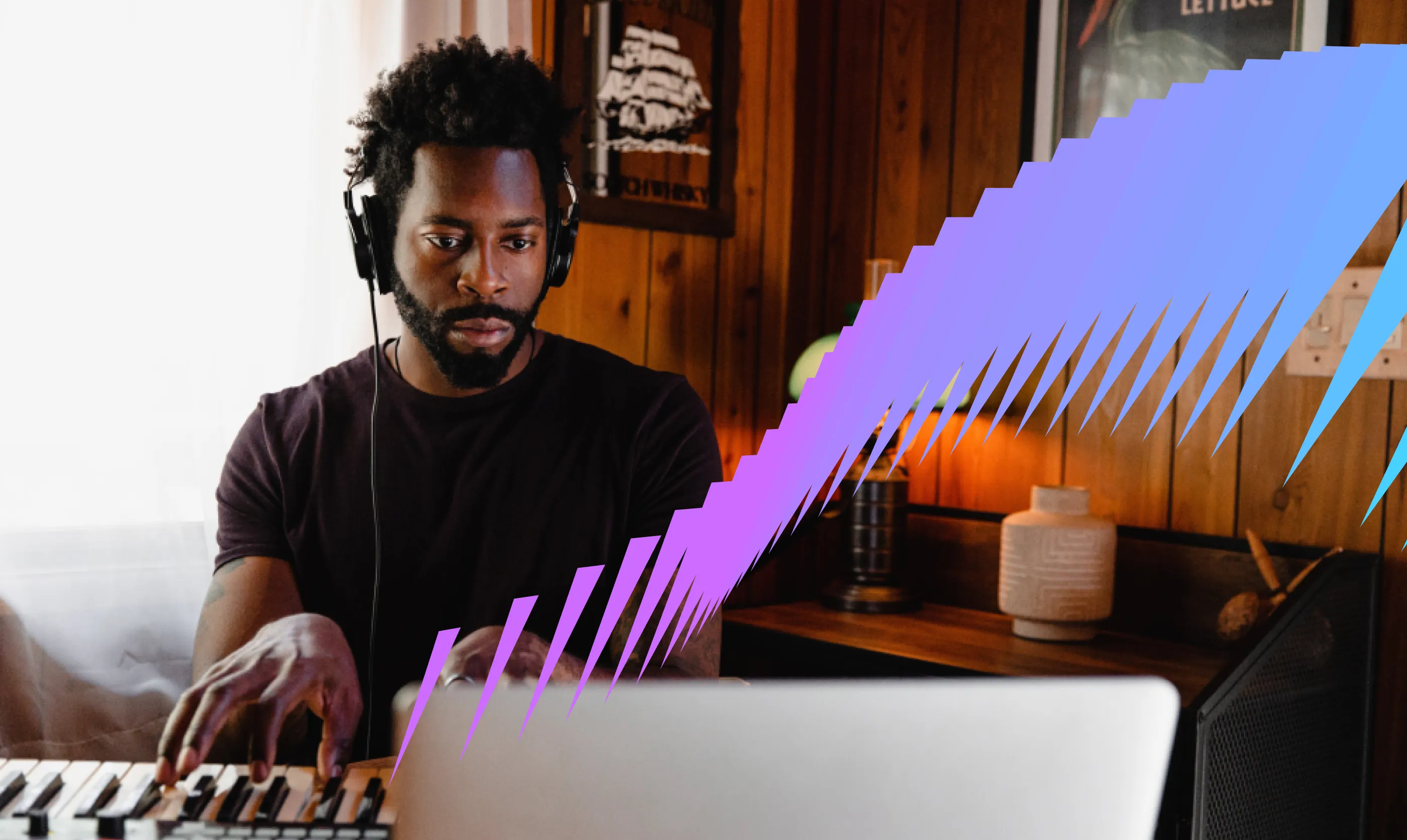 A woman playing a piano in a music studio, wearing a black dress and red patterned tights, with colorful purple and blue graphic wave shapes layered across the image.