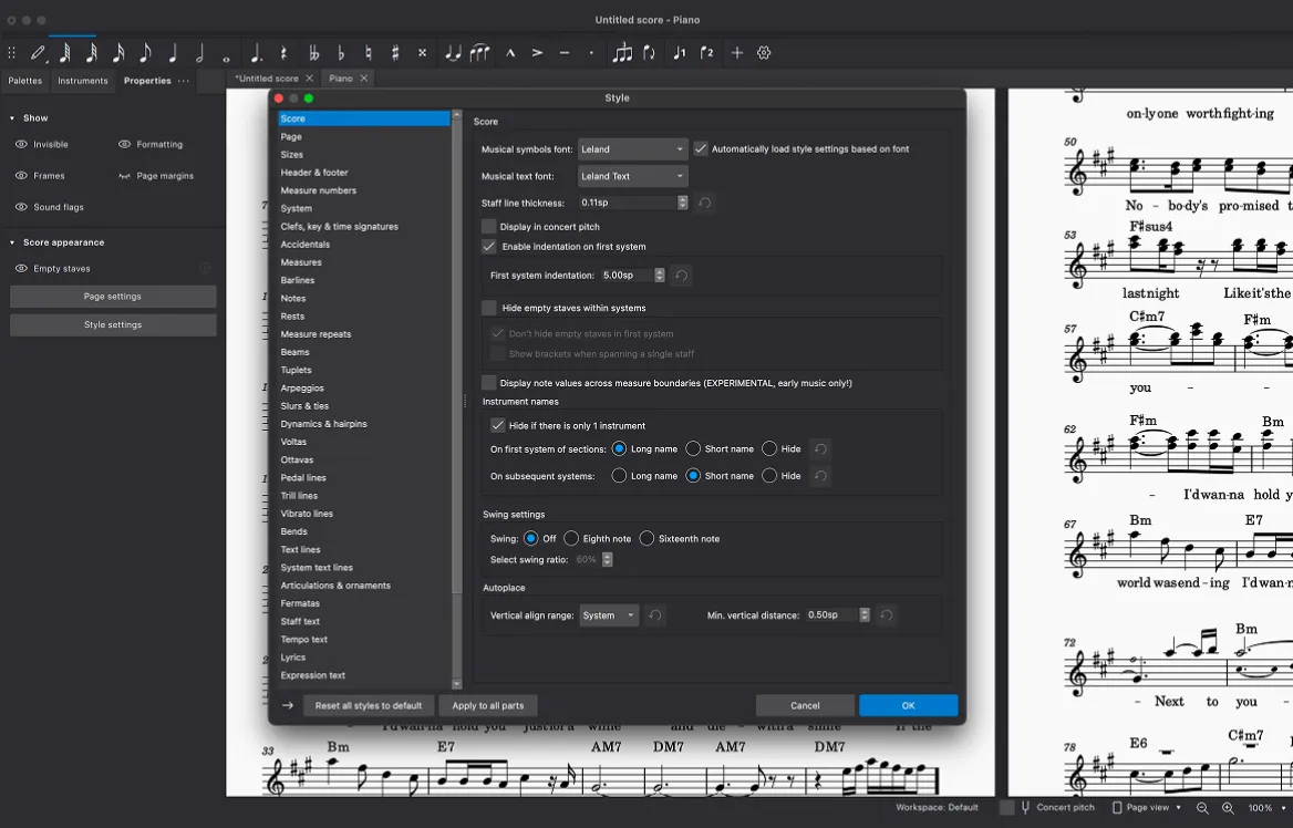 Music notation software interface showing style settings dialog for score appearance and musical symbols font options.