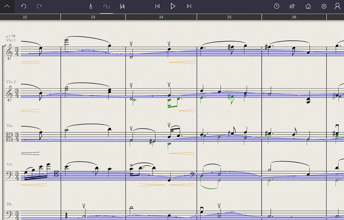 Tablet app interface showing a digital orchestral music score with violin, viola, cello, and double bass staves and playback controls.