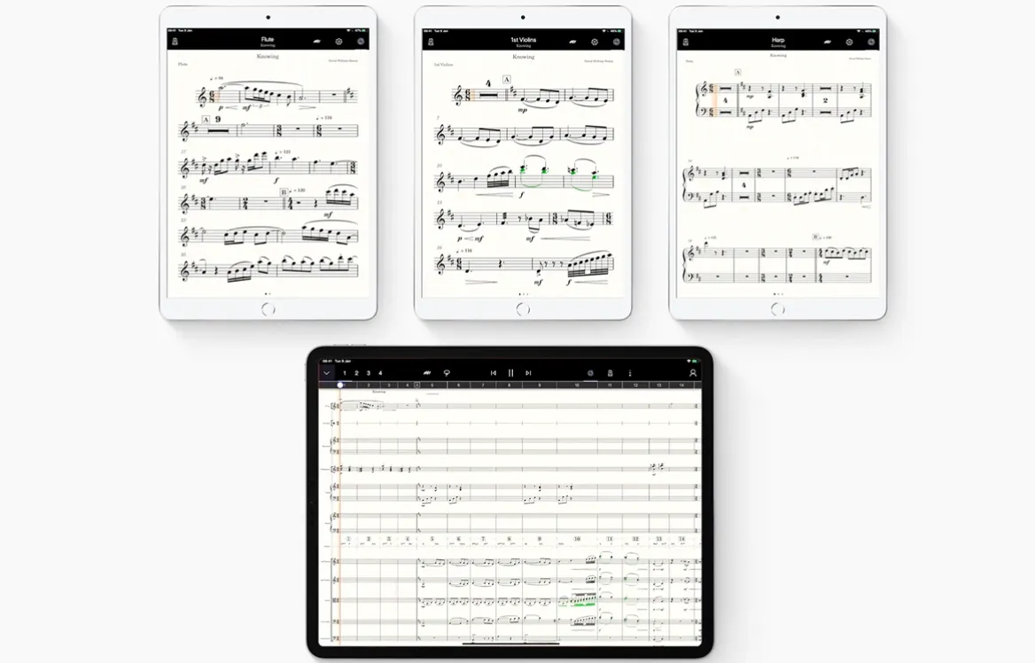 Three iPads displaying sheet music for flute, 1st violins, and harp, above a larger tablet showing a full orchestral score.
