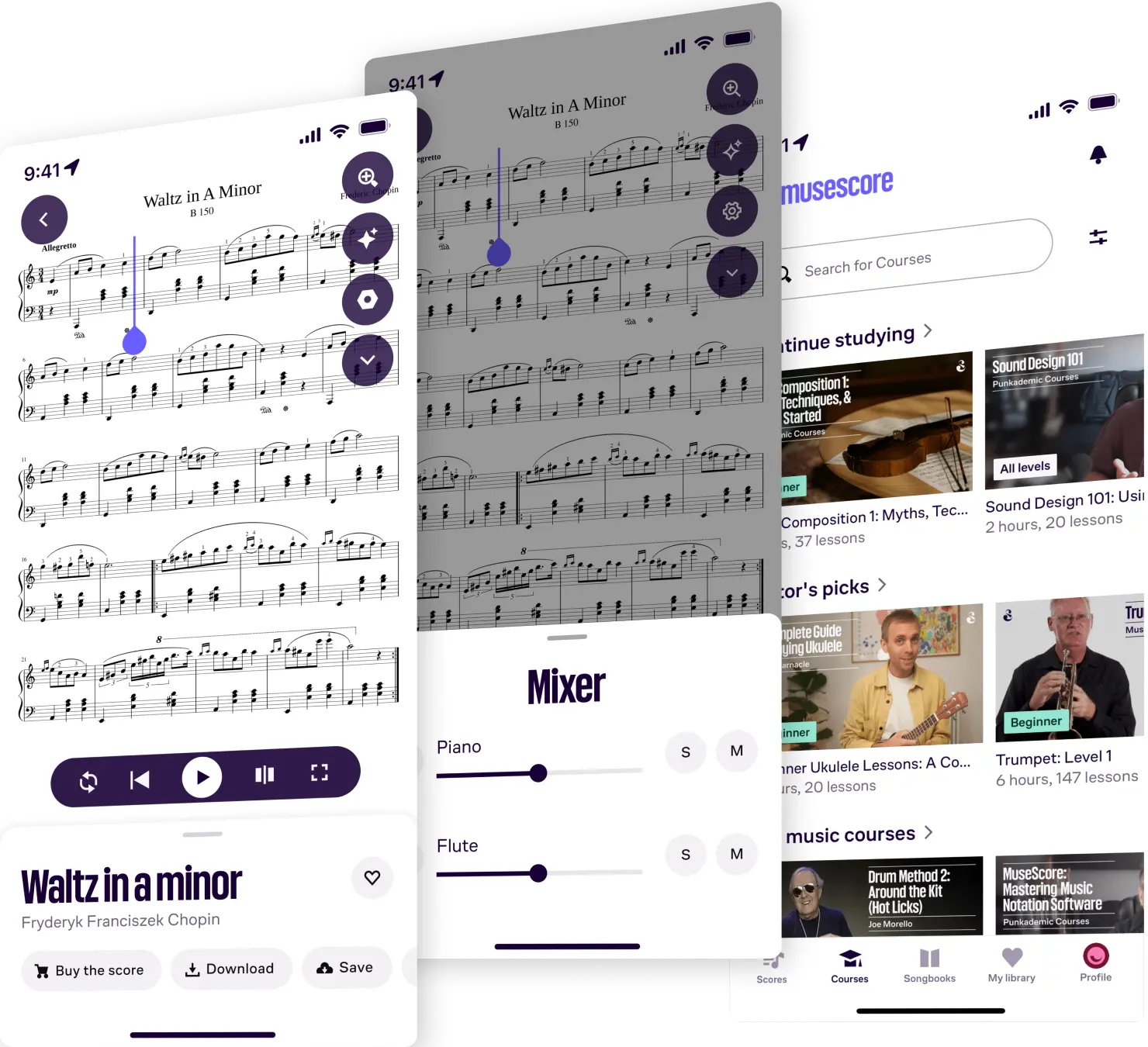 Three mobile screens showing a music app with sheet music for Waltz in A Minor by Chopin, audio controls, a mixer for piano and flute volumes, and a course library interface.