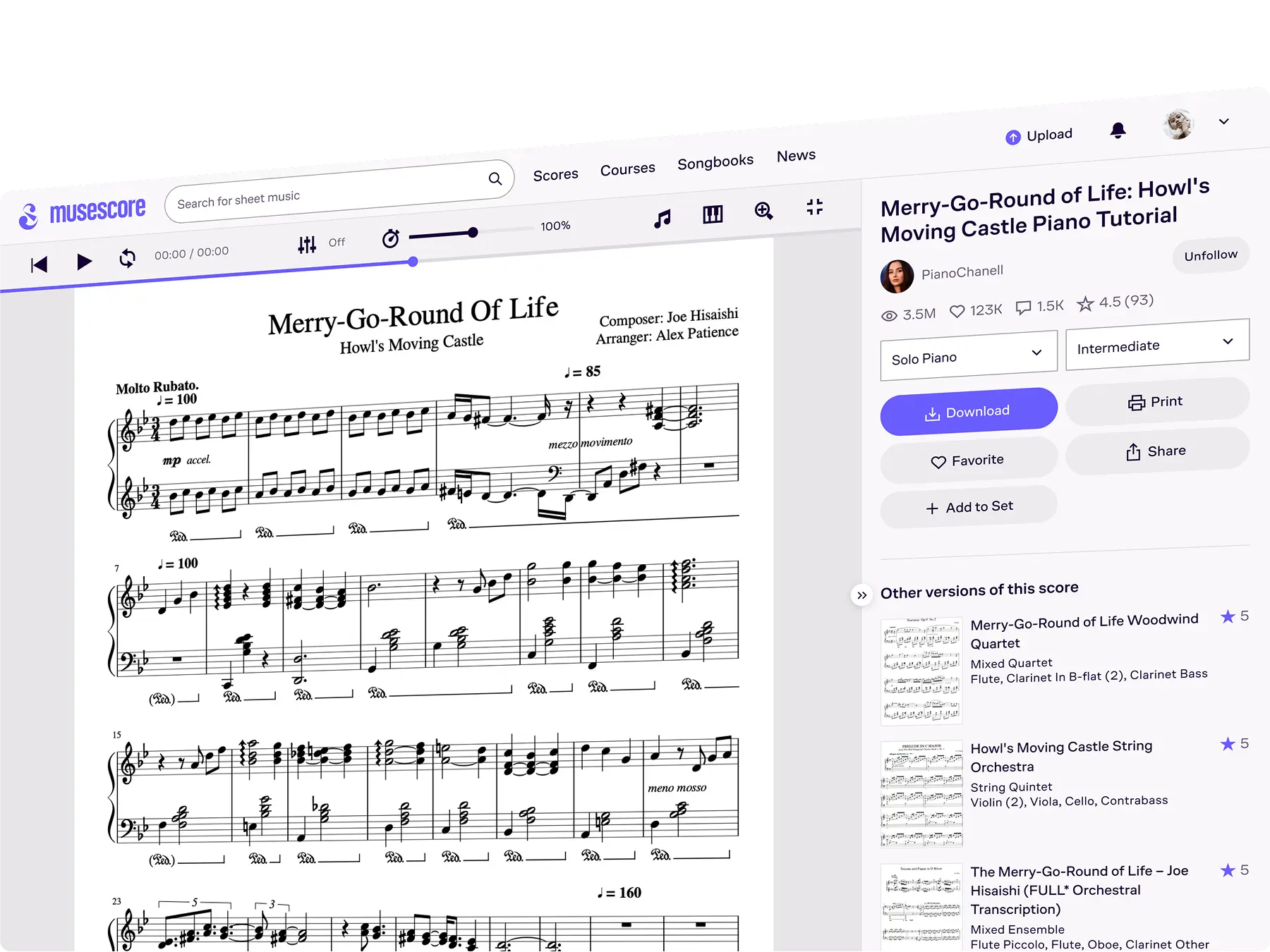 Digital sheet music for 'Merry-Go-Round of Life' from Howl's Moving Castle displayed on MuseScore, with options to download, print, share, and favorite the score.