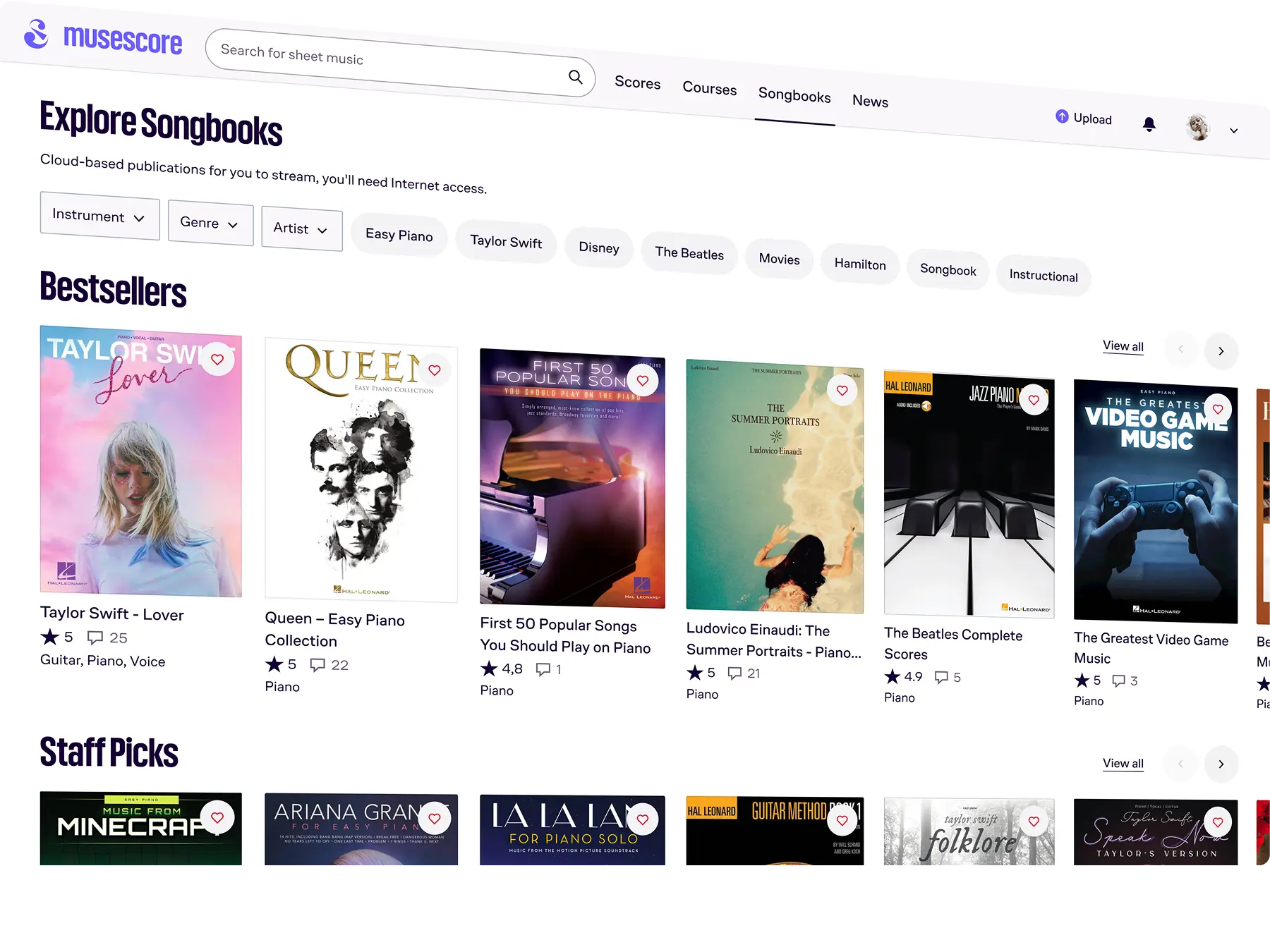 Musescore website page showing a search bar, navigation menu, filters for instruments, genres, and artists, and sections for bestselling and staff-picked songbooks with cover images and ratings.