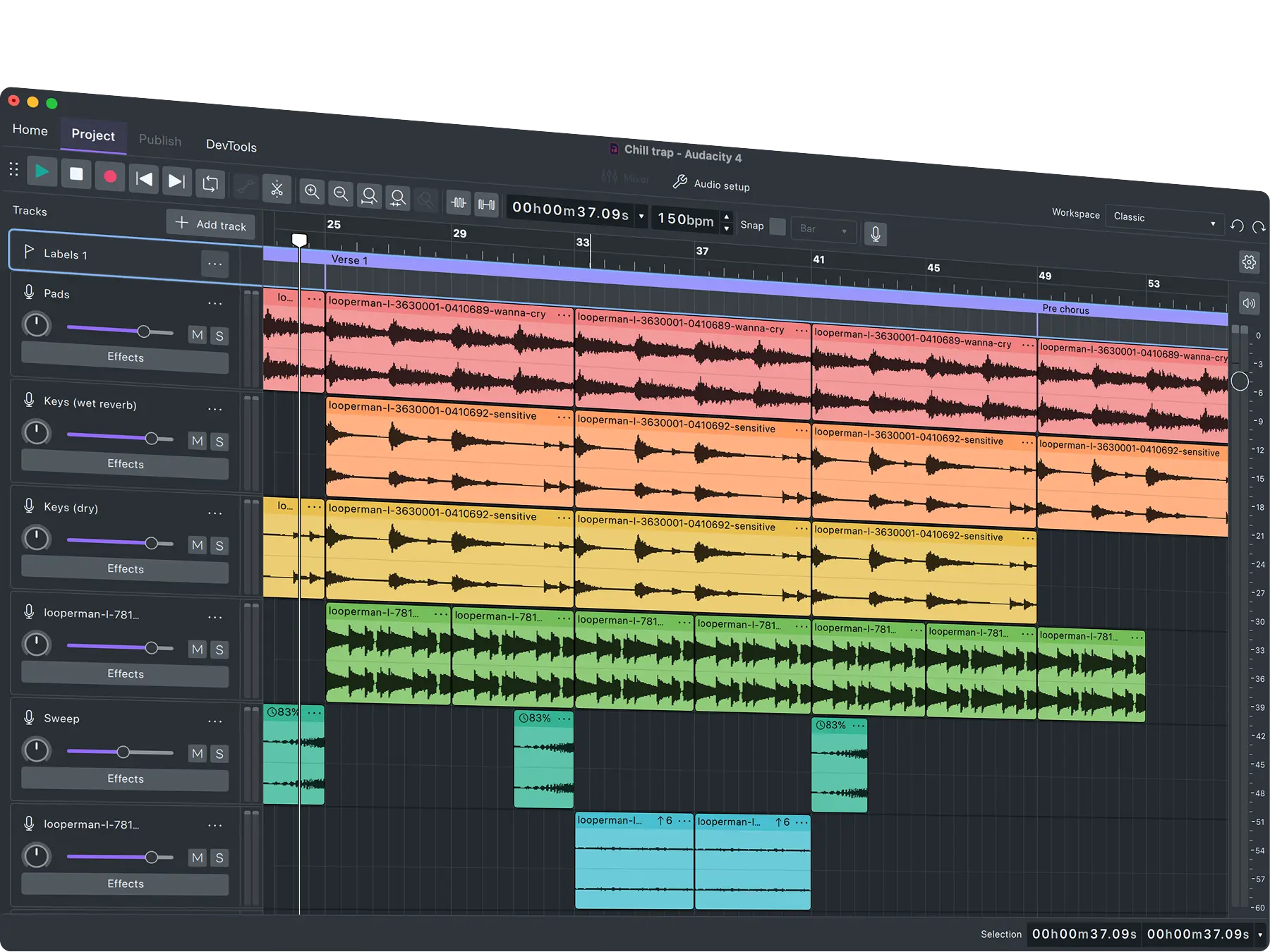 Multitrack audio editing session in Audacity with labeled tracks for Pads, Keys (wet reverb), Keys (dry), Sweep, and multiple audio clips displayed as waveforms in various colors.