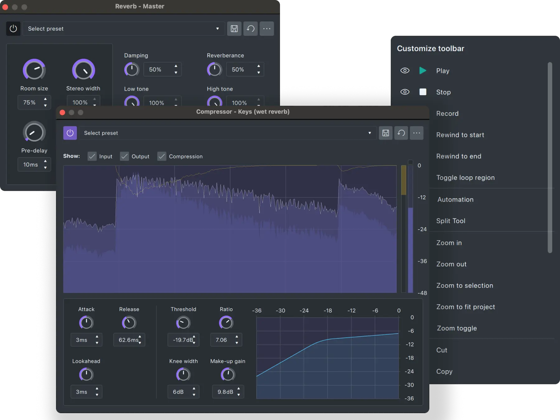 Screenshot of audio editing software showing Reverb and Compressor plugin settings with graphs and adjustable knobs for room size, stereo width, attack, release, threshold, ratio, and more.