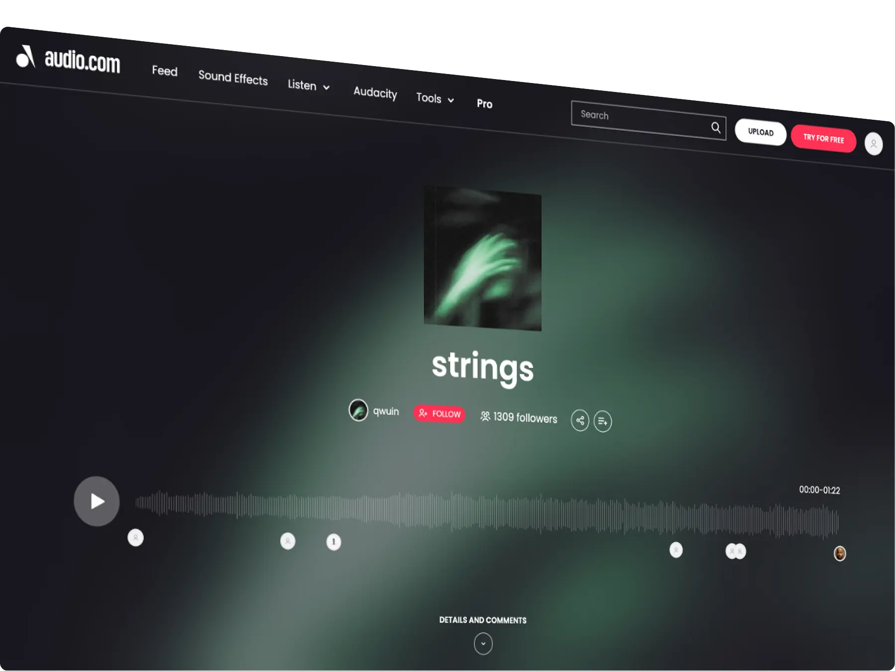 Audio.com music player screen showing track 'strings' by qwquin with a play button and waveform.