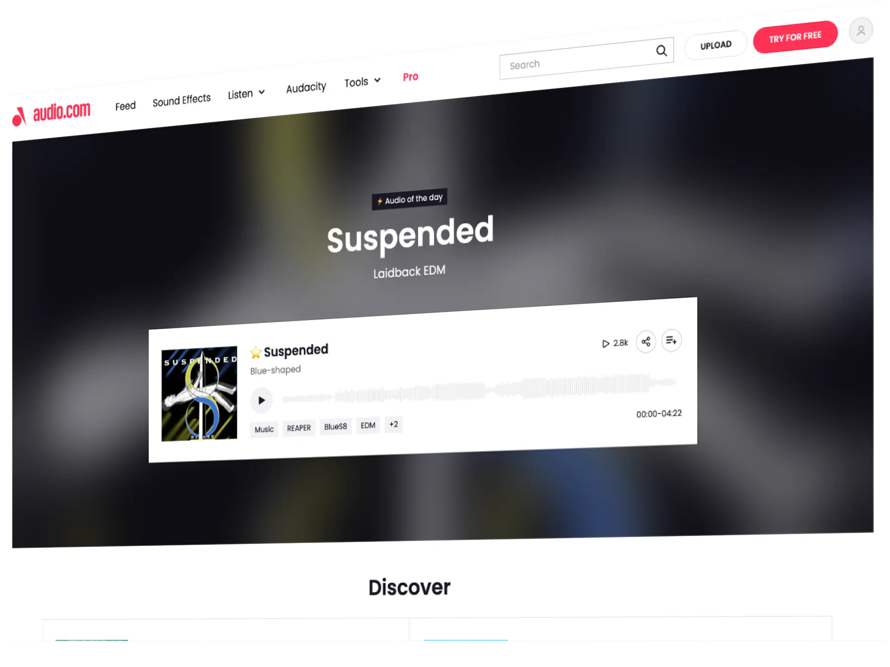 Audio.com webpage featuring 'Suspended' laidback EDM track by Blue-shaped with play button, waveform, and playback time.