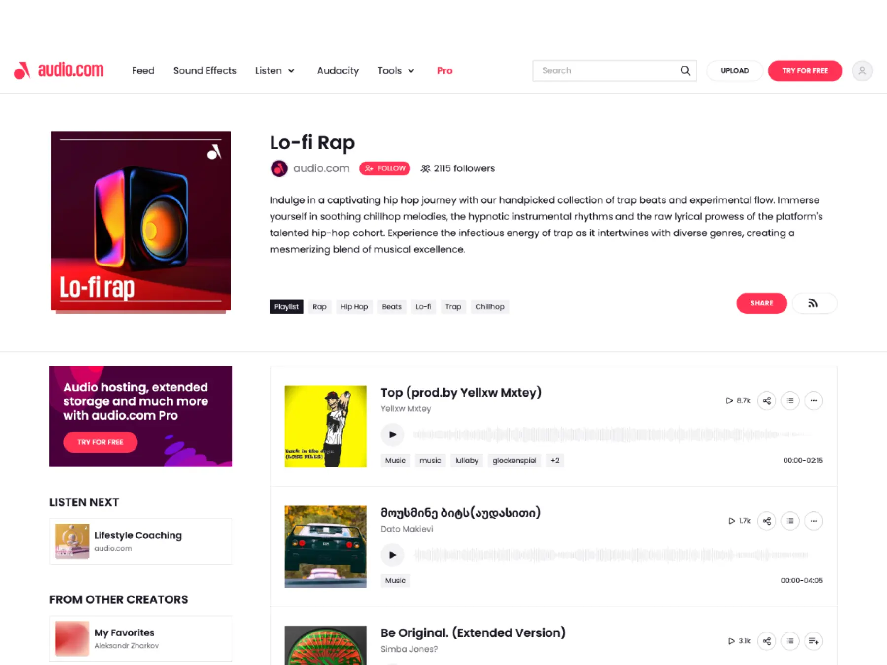 Audio.com webpage displaying a Lo-fi Rap playlist with description, playback controls, and song list including Top by Yellxw Mxtey and Be Original (Extended Version) by Simba Jones.