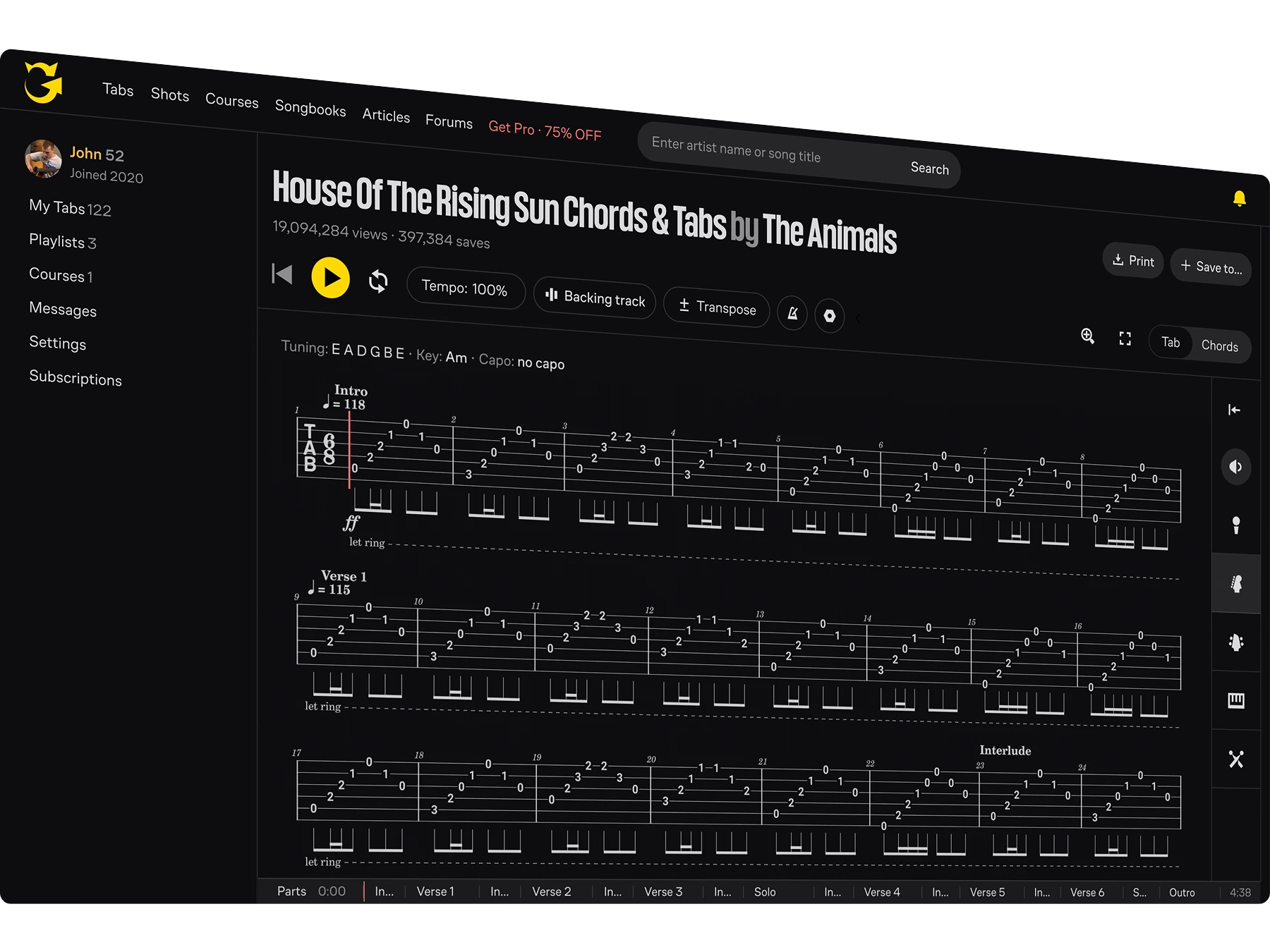 Guitar tablature and chords for 'House Of The Rising Sun' by The Animals displayed on a music learning website interface.