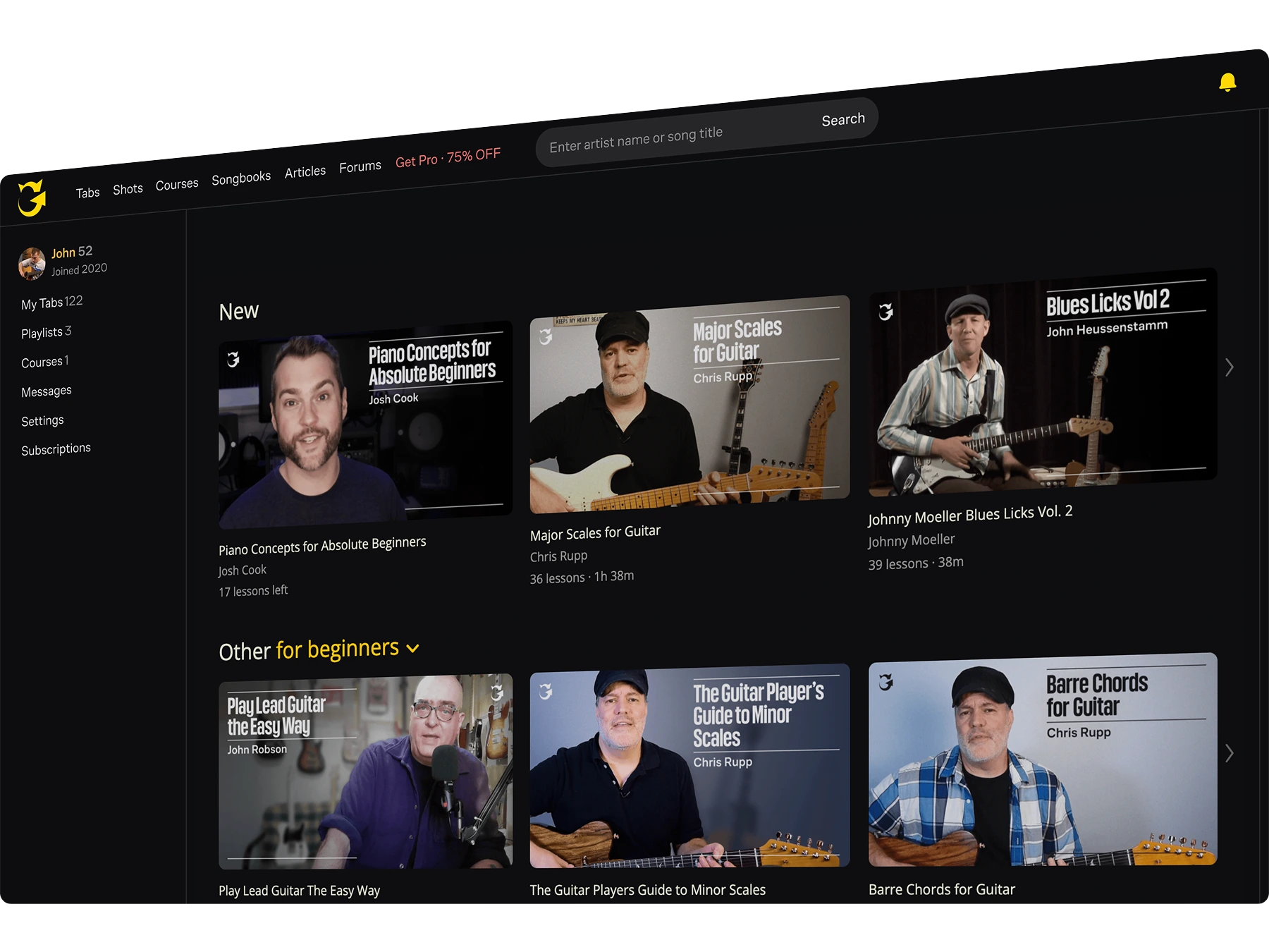 Dashboard showing guitar and piano courses for beginners with instructors Josh Cook, Chris Rupp, John Moeller, and John Robson.