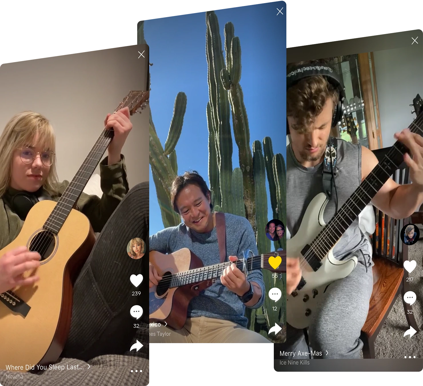 Three people each playing different guitars in separate video frames: a blonde woman with acoustic guitar indoors, a man with acoustic guitar outdoors by tall cacti, and a man with electric guitar wearing headphones indoors.