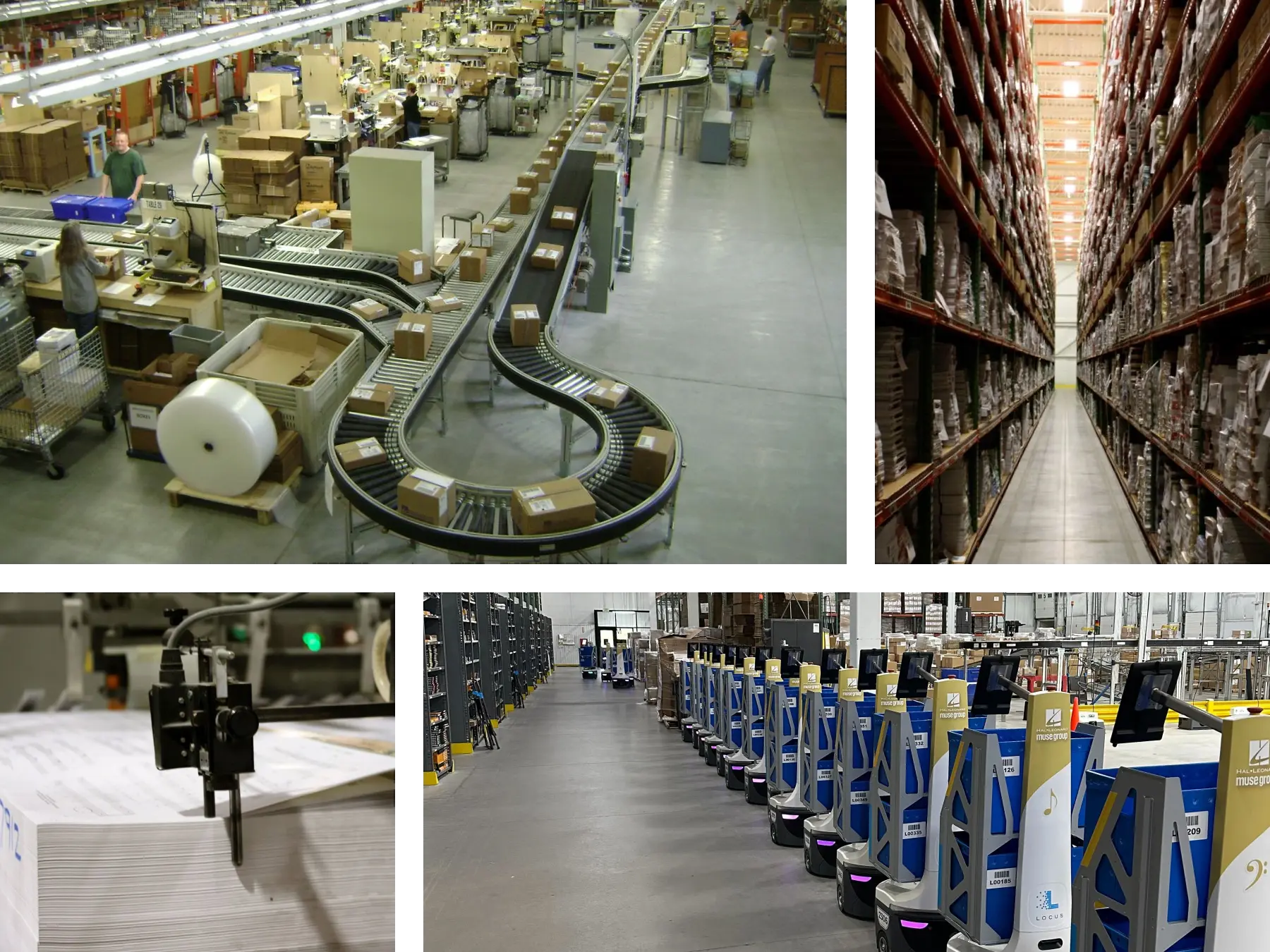 Collage of images showing a warehouse conveyor system with packages, a close-up of a printing machine processing sheets, and tall storage shelves filled with stacked boxes.