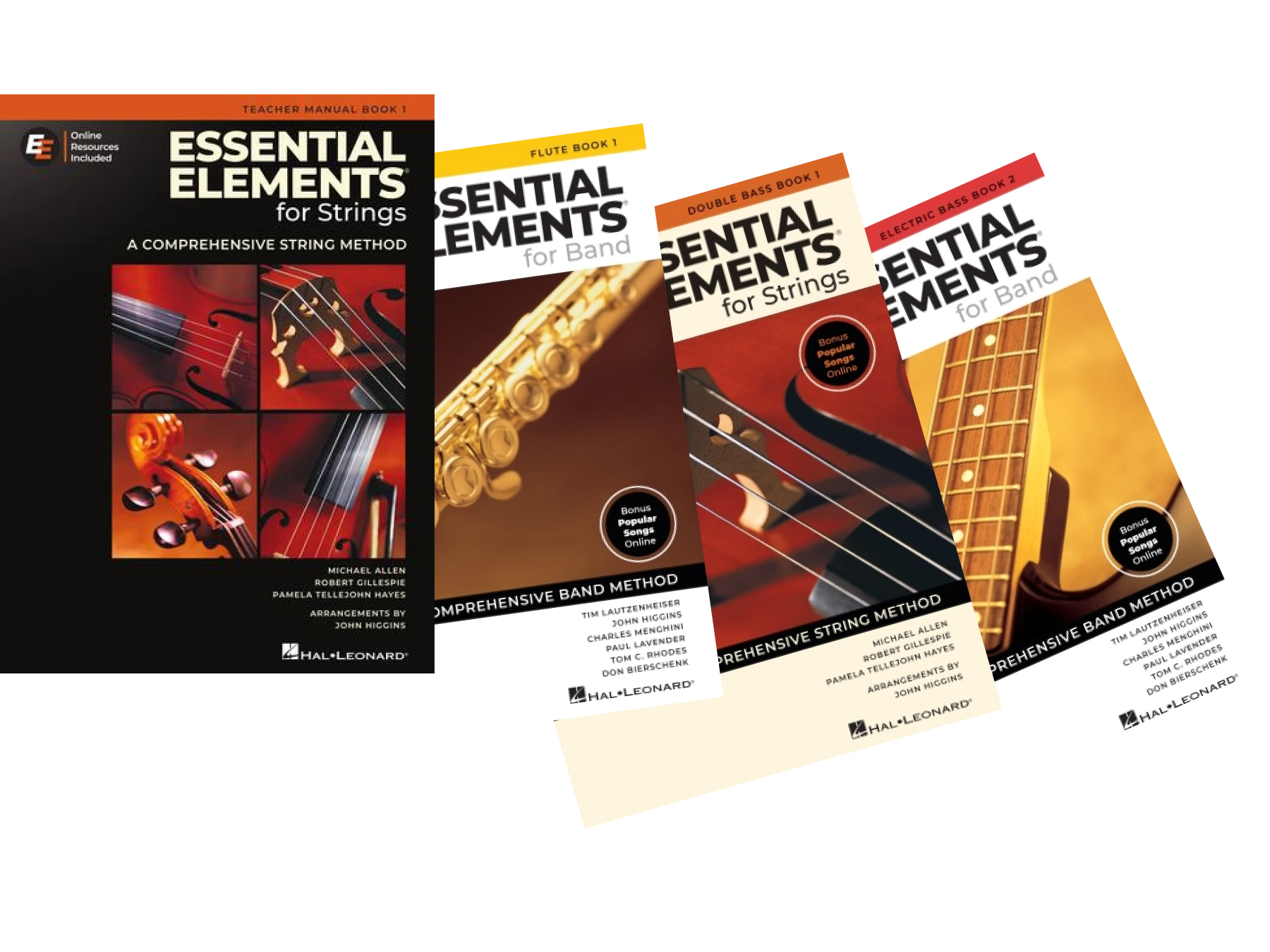 Four Essential Elements music method books for strings and bands featuring violin, flute, double bass, and electric bass covers.