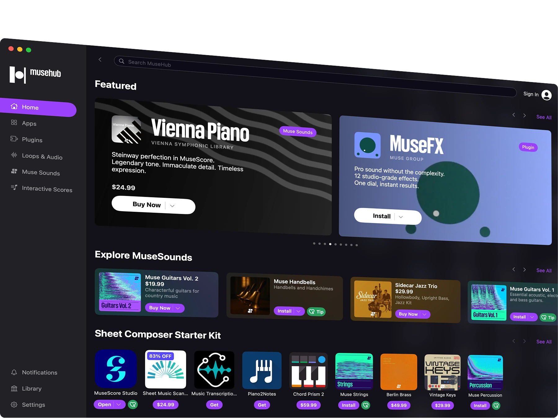 MuseHub marketplace dashboard showing featured Vienna Piano and MuseFX plugins, Explore MuseSounds section with music packs, and Sheet Composer Starter Kit with various music tools and discounts.