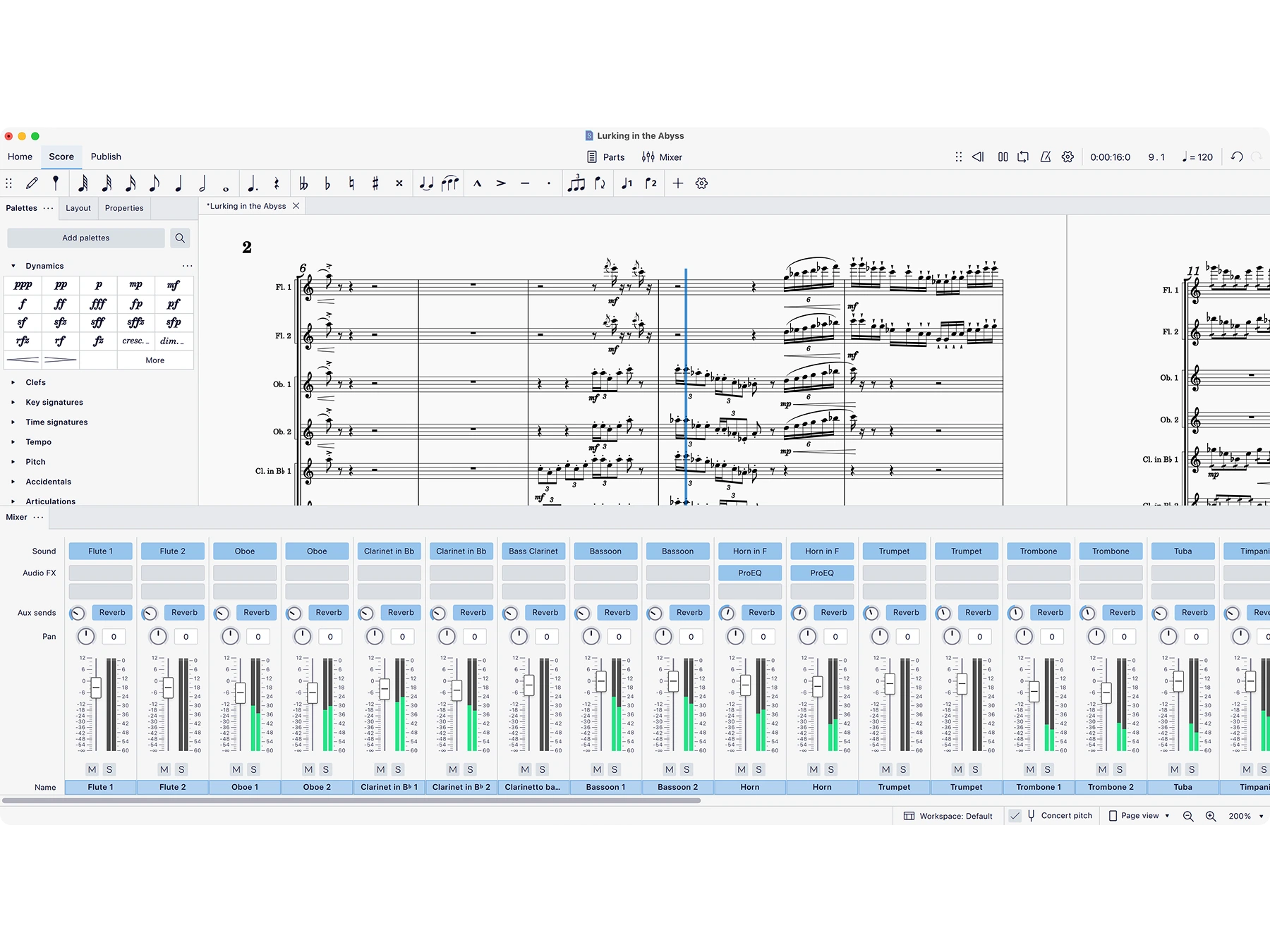 Music notation software interface showing a music score for various wind instruments with an audio mixer panel displaying volume sliders and reverb settings for each instrument.