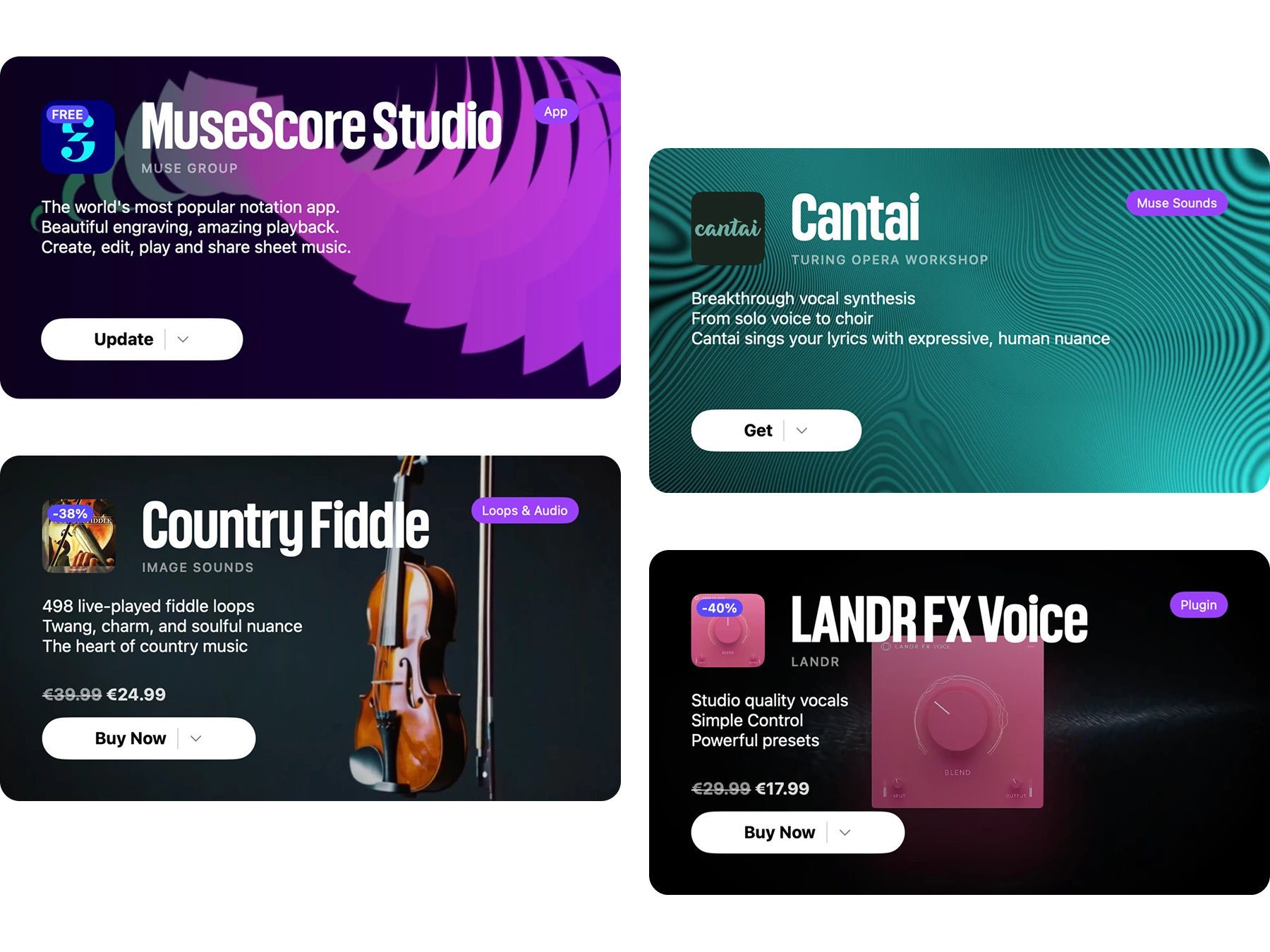 Four featured audio tools: MuseScore Studio for notation, Cantai for vocal synthesis, Country Fiddle with live-played fiddle loops, and LANDR FX Voice plugin for studio quality vocals, with pricing and update options.