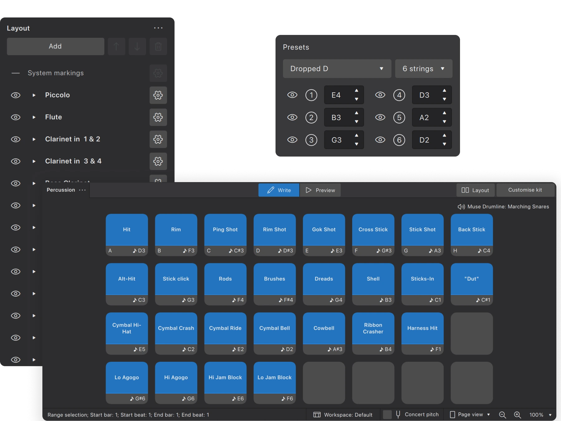 Music notation software interface showing layout options for instruments, a 6-string dropped D tuning preset, and a percussion pad with labeled drum sounds.