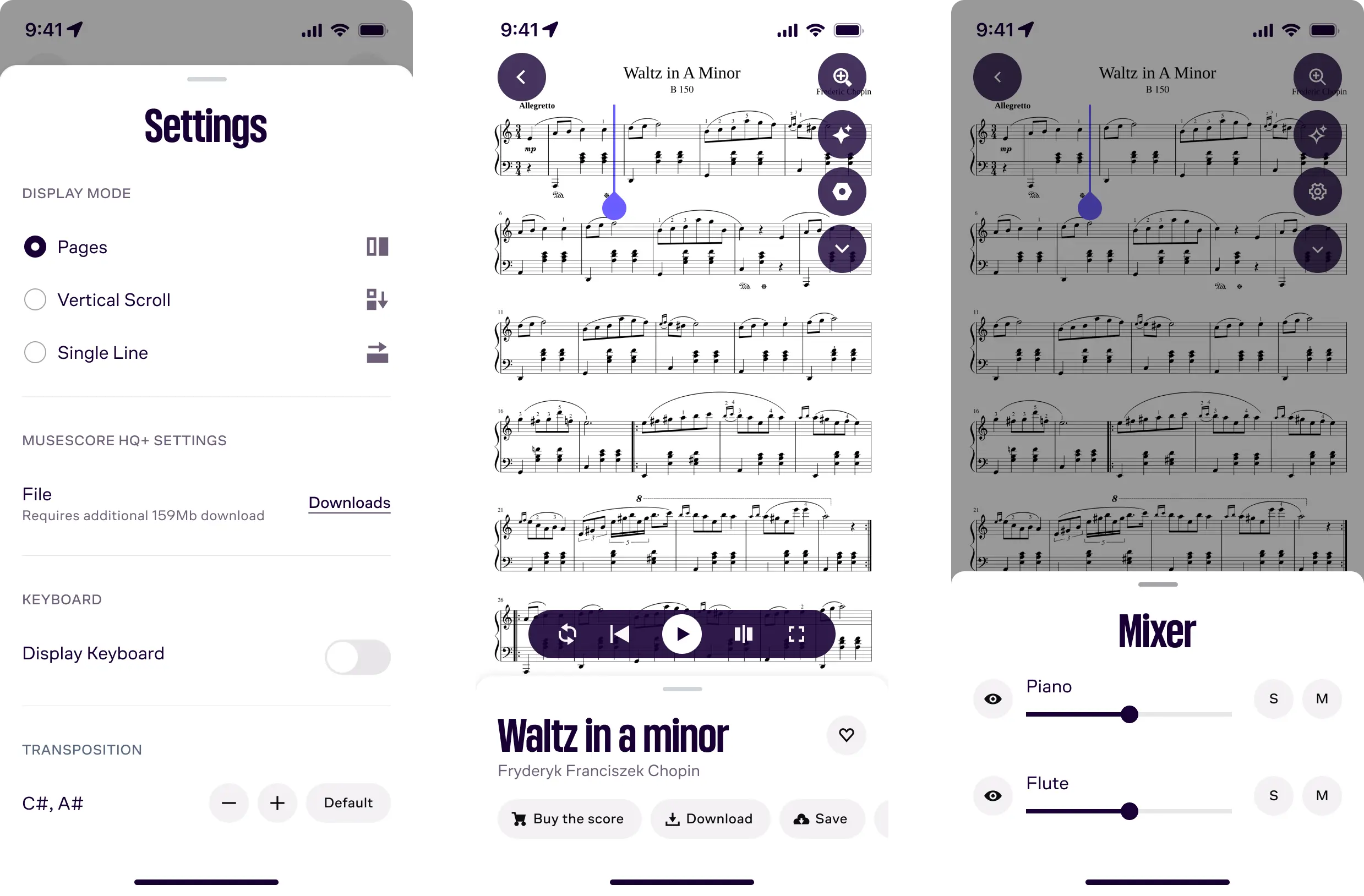 Three mobile app screens showing music sheet app settings, playback of Chopin's 'Waltz in A Minor,' and a mixer for piano and flute.